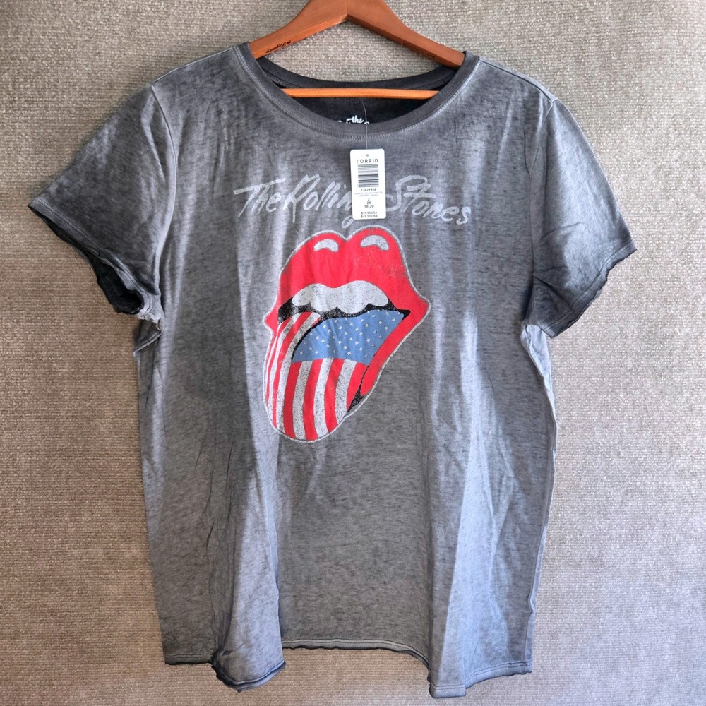 Torrid Rolling Stones American Flag Tongue Graphic Tee Gray Mineral Wash 2X NEW